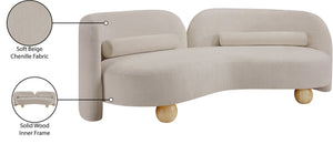 Meridian Furniture Daphne Art Deco Curved Sofa with Deep Seating and Interchangeable Wood Ball Legs for Living Rooms Beige Chenille Fabric 44001Beige-S