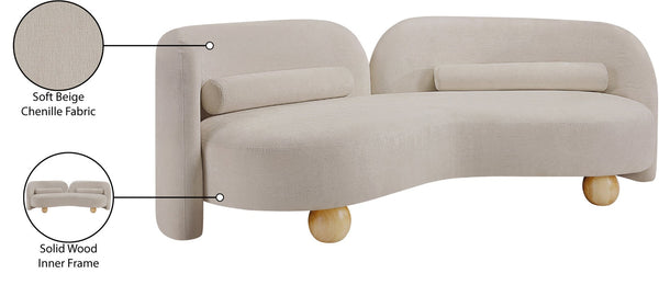 Meridian Furniture Daphne Art Deco Curved Sofa with Deep Seating and Interchangeable Wood Ball Legs for Living Rooms Beige Chenille Fabric 44001Beige-S