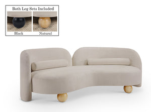 Meridian Furniture Daphne Art Deco Curved Sofa with Deep Seating and Interchangeable Wood Ball Legs for Living Rooms Beige Chenille Fabric 44001Beige-S