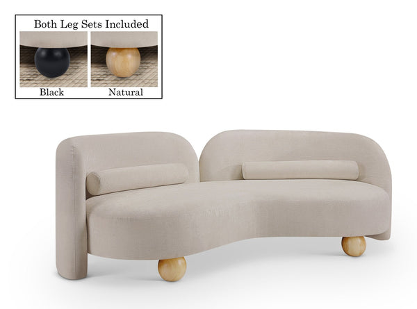 Meridian Furniture Daphne Art Deco Curved Sofa with Deep Seating and Interchangeable Wood Ball Legs for Living Rooms Beige Chenille Fabric 44001Beige-S