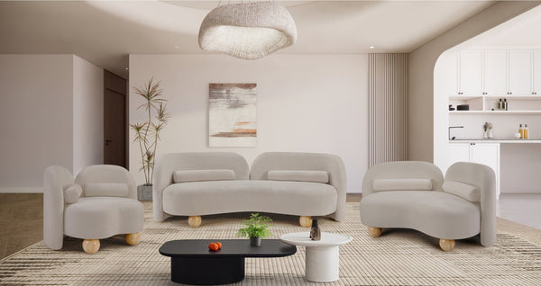 Meridian Furniture Daphne Art Deco Curved Sofa with Deep Seating and Interchangeable Wood Ball Legs for Living Rooms Beige Chenille Fabric 44001Beige-S