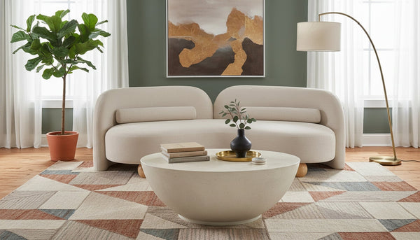 Meridian Furniture Daphne Art Deco Curved Sofa with Deep Seating and Interchangeable Wood Ball Legs for Living Rooms Beige Chenille Fabric 44001Beige-S