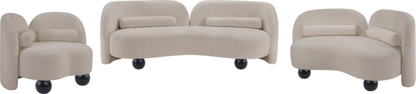 Meridian Furniture Daphne Art Deco Curved Sofa with Deep Seating and Interchangeable Wood Ball Legs for Living Rooms Beige Chenille Fabric 44001Beige-S