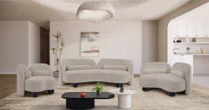 Meridian Furniture Daphne Art Deco Curved Sofa with Deep Seating and Interchangeable Wood Ball Legs for Living Rooms Beige Chenille Fabric 44001Beige-S