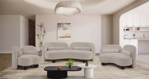 Meridian Furniture Daphne Art Deco Curved Sofa with Deep Seating and Interchangeable Wood Ball Legs for Living Rooms Beige Chenille Fabric 44001Beige-S
