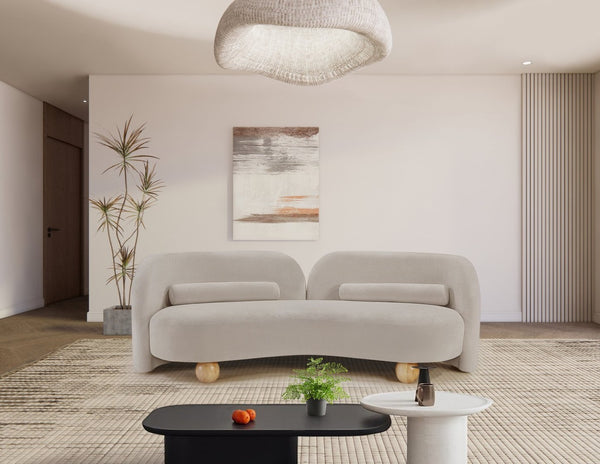 Meridian Furniture Daphne Art Deco Curved Sofa with Deep Seating and Interchangeable Wood Ball Legs for Living Rooms Beige Chenille Fabric 44001Beige-S