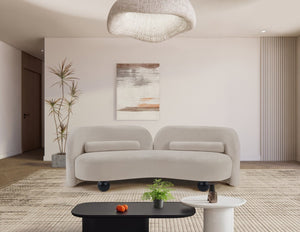 Meridian Furniture Daphne Art Deco Curved Sofa with Deep Seating and Interchangeable Wood Ball Legs for Living Rooms Beige Chenille Fabric 44001Beige-S