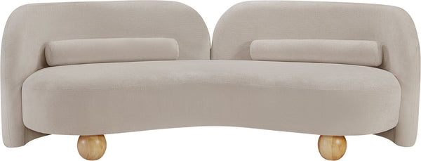 Meridian Furniture Daphne Art Deco Curved Sofa with Deep Seating and Interchangeable Wood Ball Legs for Living Rooms Beige Chenille Fabric 44001Beige-S