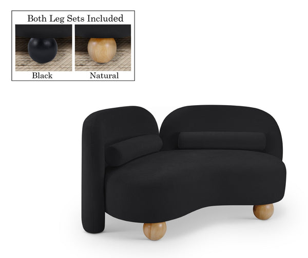 Meridian Furniture Daphne Art Deco Curved Loveseat with Swappable Wood Legs and Plush Upholstery for Living Rooms Black Chenille Fabric 44001Black-L