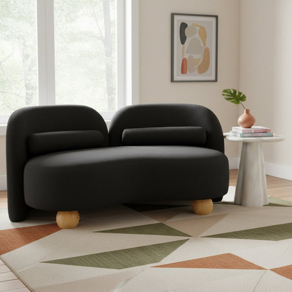 Meridian Furniture Daphne Art Deco Curved Loveseat with Swappable Wood Legs and Plush Upholstery for Living Rooms Black Chenille Fabric 44001Black-L