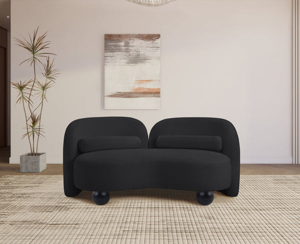 Meridian Furniture Daphne Art Deco Curved Loveseat with Swappable Wood Legs and Plush Upholstery for Living Rooms Black Chenille Fabric 44001Black-L