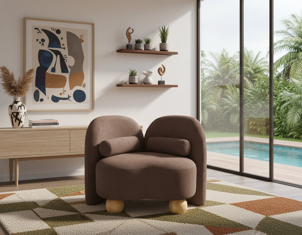 Meridian Furniture Daphne Art Deco Accent Chair Sculptural Curves Ball Legs for Living Room or Bedroom Brown Chenille Fabric 44001Brown-C