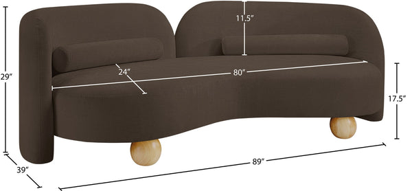 Meridian Furniture Daphne Art Deco Curved Sofa with Deep Seating and Interchangeable Wood Ball Legs for Living Rooms Brown Chenille Fabric 44001Brown-S