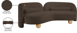 Meridian Furniture Daphne Art Deco Curved Sofa with Deep Seating and Interchangeable Wood Ball Legs for Living Rooms Brown Chenille Fabric 44001Brown-S