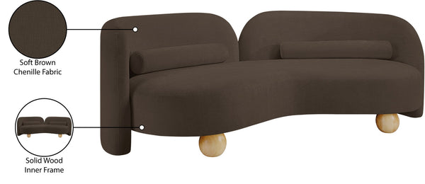 Meridian Furniture Daphne Art Deco Curved Sofa with Deep Seating and Interchangeable Wood Ball Legs for Living Rooms Brown Chenille Fabric 44001Brown-S