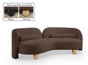 Meridian Furniture Daphne Art Deco Curved Sofa with Deep Seating and Interchangeable Wood Ball Legs for Living Rooms Brown Chenille Fabric 44001Brown-S