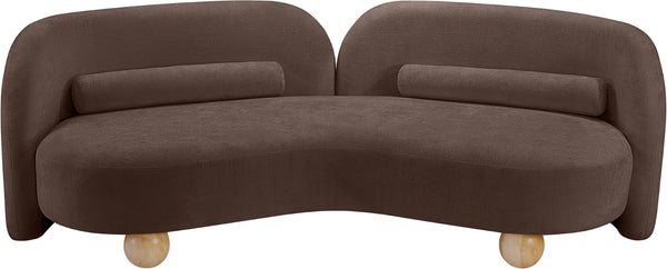Meridian Furniture Daphne Art Deco Curved Sofa with Deep Seating and Interchangeable Wood Ball Legs for Living Rooms Brown Chenille Fabric 44001Brown-S