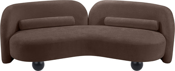 Meridian Furniture Daphne Art Deco Curved Sofa with Deep Seating and Interchangeable Wood Ball Legs for Living Rooms Brown Chenille Fabric 44001Brown-S