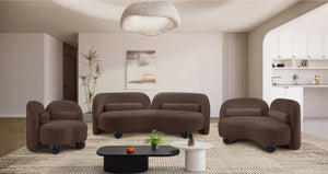 Meridian Furniture Daphne Art Deco Curved Sofa with Deep Seating and Interchangeable Wood Ball Legs for Living Rooms Brown Chenille Fabric 44001Brown-S