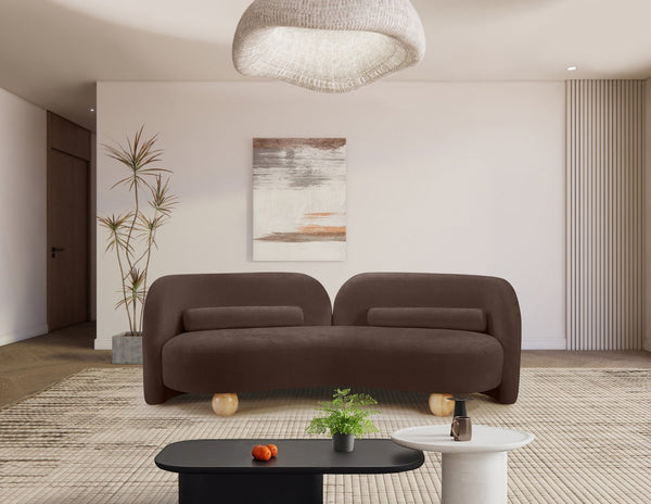 Meridian Furniture Daphne Art Deco Curved Sofa with Deep Seating and Interchangeable Wood Ball Legs for Living Rooms Brown Chenille Fabric 44001Brown-S