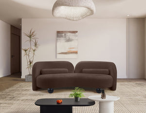 Meridian Furniture Daphne Art Deco Curved Sofa with Deep Seating and Interchangeable Wood Ball Legs for Living Rooms Brown Chenille Fabric 44001Brown-S