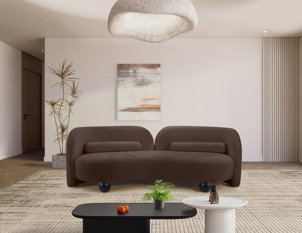 Meridian Furniture Daphne Art Deco Curved Sofa with Deep Seating and Interchangeable Wood Ball Legs for Living Rooms Brown Chenille Fabric 44001Brown-S
