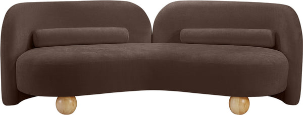 Meridian Furniture Daphne Art Deco Curved Sofa with Deep Seating and Interchangeable Wood Ball Legs for Living Rooms Brown Chenille Fabric 44001Brown-S