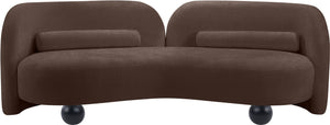 Meridian Furniture Daphne Art Deco Curved Sofa with Deep Seating and Interchangeable Wood Ball Legs for Living Rooms Brown Chenille Fabric 44001Brown-S