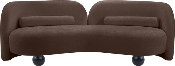 Meridian Furniture Daphne Art Deco Curved Sofa with Deep Seating and Interchangeable Wood Ball Legs for Living Rooms Brown Chenille Fabric 44001Brown-S