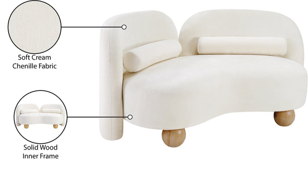Meridian Furniture Daphne Art Deco Curved Loveseat with Swappable Wood Legs and Plush Upholstery for Living Rooms Cream Chenille Fabric 44001Cream-L