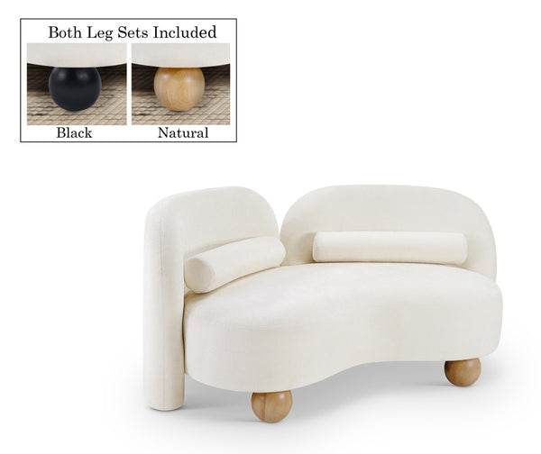 Meridian Furniture Daphne Art Deco Curved Loveseat with Swappable Wood Legs and Plush Upholstery for Living Rooms Cream Chenille Fabric 44001Cream-L
