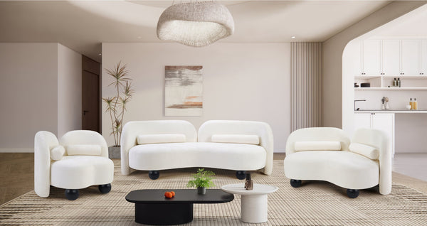 Meridian Furniture Daphne Art Deco Curved Loveseat with Swappable Wood Legs and Plush Upholstery for Living Rooms Cream Chenille Fabric 44001Cream-L