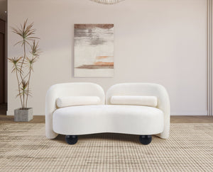 Meridian Furniture Daphne Art Deco Curved Loveseat with Swappable Wood Legs and Plush Upholstery for Living Rooms Cream Chenille Fabric 44001Cream-L