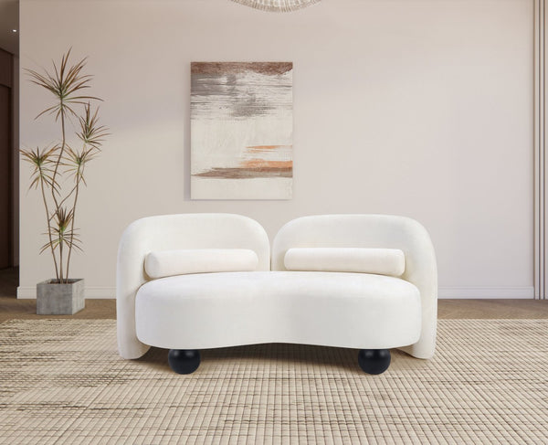 Meridian Furniture Daphne Art Deco Curved Loveseat with Swappable Wood Legs and Plush Upholstery for Living Rooms Cream Chenille Fabric 44001Cream-L
