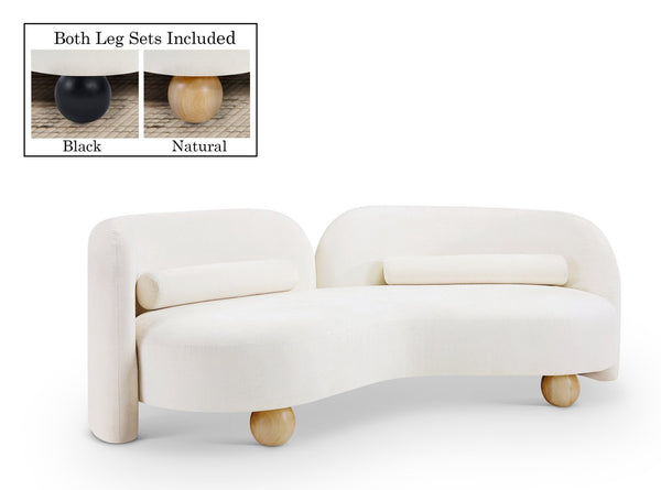 Meridian Furniture Daphne Art Deco Curved Sofa with Deep Seating and Interchangeable Wood Ball Legs for Living Rooms Cream Chenille Fabric 44001Cream-S
