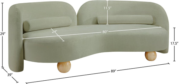 Meridian Furniture Daphne Art Deco Curved Sofa with Deep Seating and Interchangeable Wood Ball Legs for Living Rooms Mint Chenille Fabric 44001Mint-S