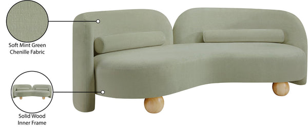 Meridian Furniture Daphne Art Deco Curved Sofa with Deep Seating and Interchangeable Wood Ball Legs for Living Rooms Mint Chenille Fabric 44001Mint-S