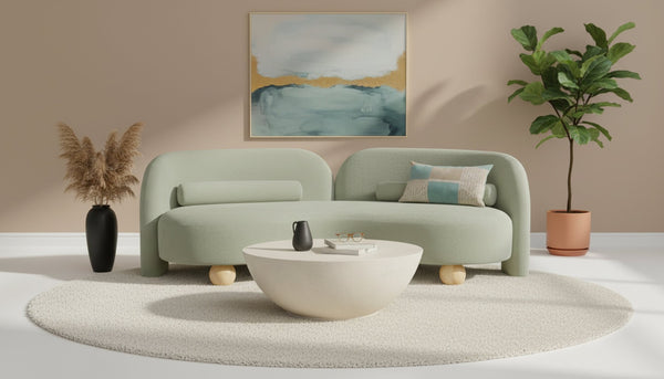 Meridian Furniture Daphne Art Deco Curved Sofa with Deep Seating and Interchangeable Wood Ball Legs for Living Rooms Mint Chenille Fabric 44001Mint-S