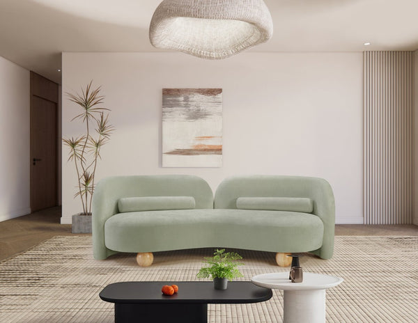 Meridian Furniture Daphne Art Deco Curved Sofa with Deep Seating and Interchangeable Wood Ball Legs for Living Rooms Mint Chenille Fabric 44001Mint-S
