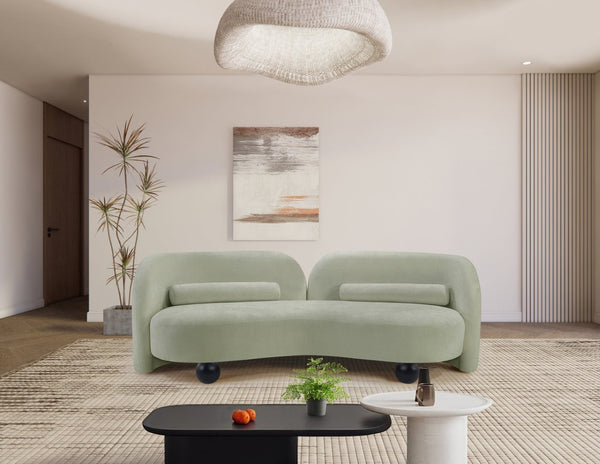 Meridian Furniture Daphne Art Deco Curved Sofa with Deep Seating and Interchangeable Wood Ball Legs for Living Rooms Mint Chenille Fabric 44001Mint-S