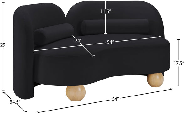 Meridian Furniture Daphne Art Deco Curved Loveseat with Swappable Wood Legs and Plush Upholstery for Living Rooms Black Velvet 44002Black-L