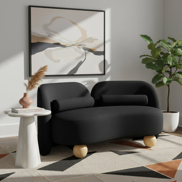 Meridian Furniture Daphne Art Deco Curved Loveseat with Swappable Wood Legs and Plush Upholstery for Living Rooms Black Velvet 44002Black-L