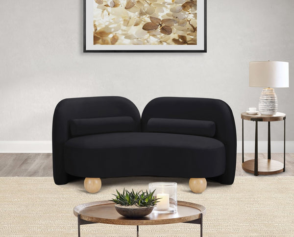 Meridian Furniture Daphne Art Deco Curved Loveseat with Swappable Wood Legs and Plush Upholstery for Living Rooms Black Velvet 44002Black-L