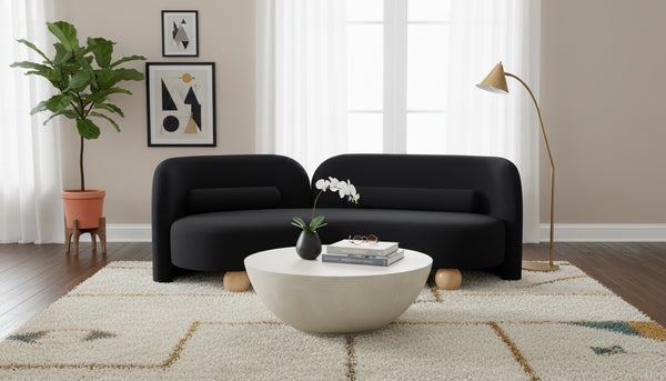 Meridian Furniture Daphne Art Deco Curved Sofa with Deep Seating and Interchangeable Wood Ball Legs for Living Rooms Black Velvet 44002Black-S