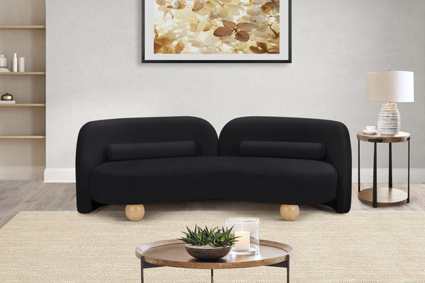 Meridian Furniture Daphne Art Deco Curved Sofa with Deep Seating and Interchangeable Wood Ball Legs for Living Rooms Black Velvet 44002Black-S