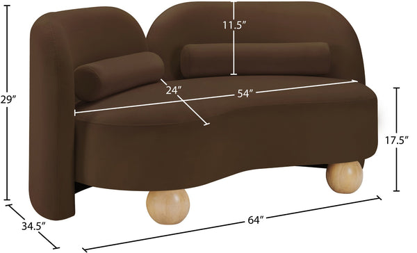 Meridian Furniture Daphne Art Deco Curved Loveseat with Swappable Wood Legs and Plush Upholstery for Living Rooms Brown Velvet 44002Brown-L