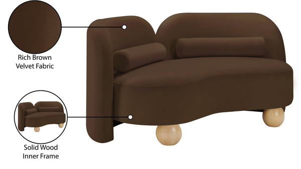 Meridian Furniture Daphne Art Deco Curved Loveseat with Swappable Wood Legs and Plush Upholstery for Living Rooms Brown Velvet 44002Brown-L
