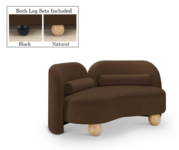 Meridian Furniture Daphne Art Deco Curved Loveseat with Swappable Wood Legs and Plush Upholstery for Living Rooms Brown Velvet 44002Brown-L