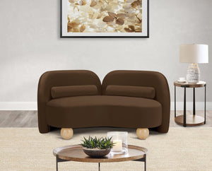 Meridian Furniture Daphne Art Deco Curved Loveseat with Swappable Wood Legs and Plush Upholstery for Living Rooms Brown Velvet 44002Brown-L