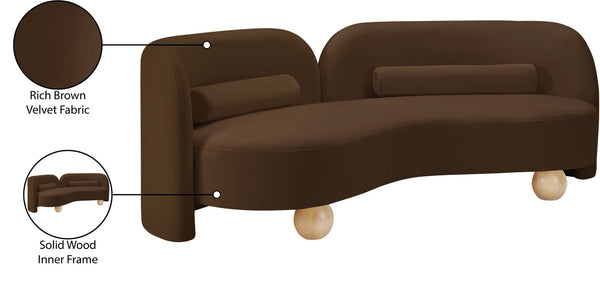 Meridian Furniture Daphne Art Deco Curved Sofa with Deep Seating and Interchangeable Wood Ball Legs for Living Rooms Brown Velvet 44002Brown-S
